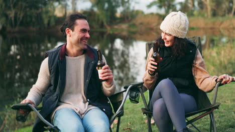 Cheers,-nature-and-couple-with-beer-on-a-camp