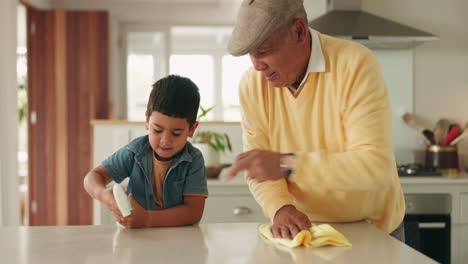 Wipe,-family-and-cleaning-counter-with-grandpa