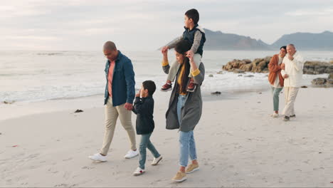 Parents,-boy-kids-and-beach-with-grandparents