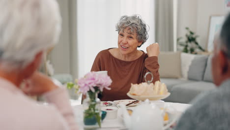 Tea,-funny-and-senior-woman-with-friends-in-home