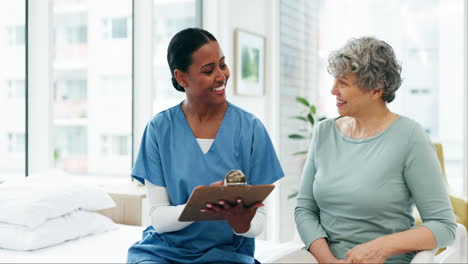 Nurse,-checklist-and-senior-woman-in-clinic