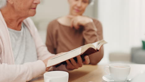 Bible-study,-elderly-woman-and-reading-in-home
