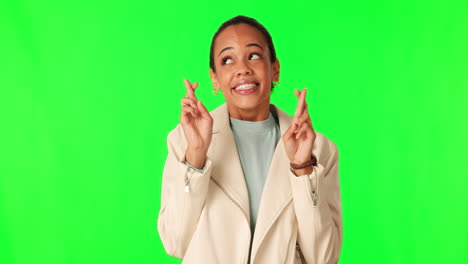 Green-screen,-woman-and-fingers-crossed-in-studio