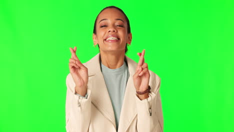 Green-screen,-woman-face-and-fingers-crossed