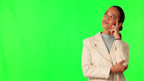 Thinking,-green-screen-and-woman-in-studio