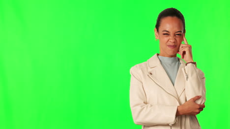 Idea,-green-screen-and-woman-in-studio-with-mockup
