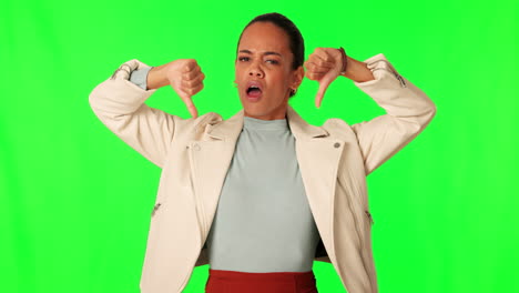 Green-screen,-face-and-sad-woman-with-thumbs-down