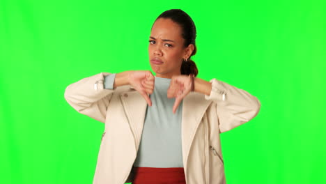 Green-screen,-frown-and-woman-face-with-thumbs