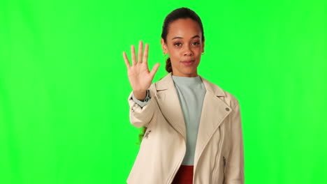 Hand,-stop-and-sign-with-woman-on-green-screen
