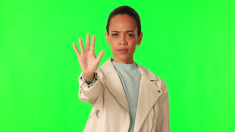 Hand,-stop-with-sign-and-angry-woman-on-green