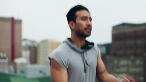 Asian-man,-fitness-and-jump-rope-on-rooftop