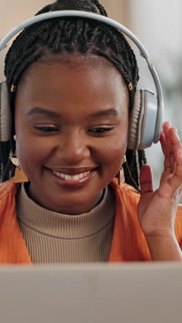 Music,-headphones-and-black-woman-on-computer
