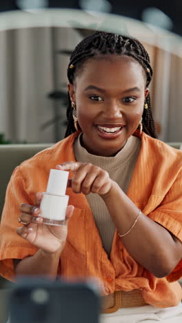 Influencer,-home-and-black-woman-with-a-product