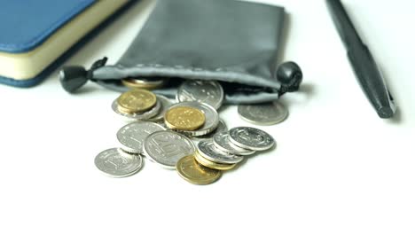 Top-view-of-coins-in-a-small-leather-bag