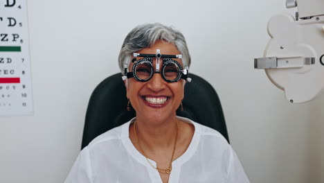Eye-exam,-trial-frame-and-happy-woman