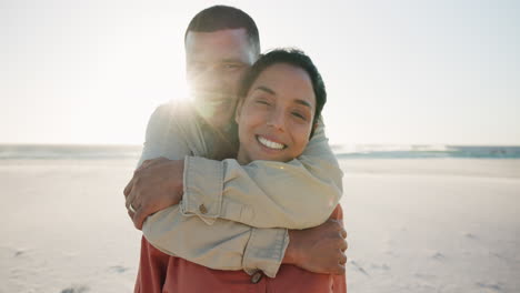 Face,-smile-and-couple-hug-at-beach-on-vacation