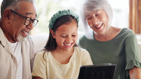 Home,-grandparents-and-girl-with-a-tablet