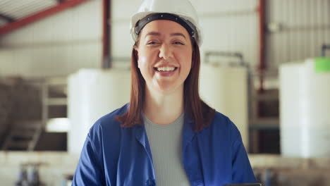Happy-woman,-face-and-young-engineer-at-warehouse