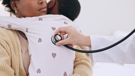 Black-woman,-child-and-doctor-with-stethoscope