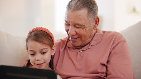 Smile,-tablet-and-grandfather-with-child-on-a-sofa