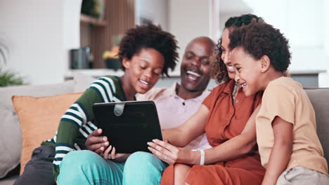Home-tablet,-talking-and-happy-African-family