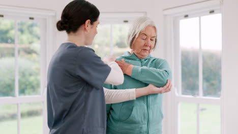 Woman,-doctor-and-senior-patient-stretching