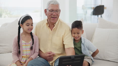 Grandfather,-grandkids-and-selfie-on-tablet