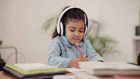 Girl,-child-and-writing-with-headphones