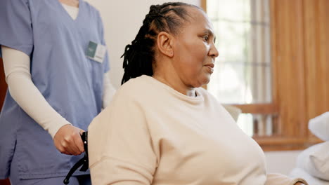 Nurse,-senior-black-woman-and-push-wheelchair