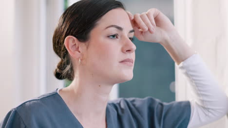 Tired-woman,-doctor-and-thinking-by-window
