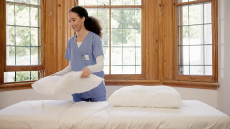Assisted-living,-nurse-and-a-woman-cleaning