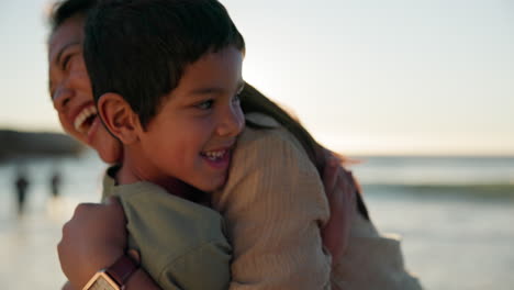 Child,-hug-and-beach-with-parent