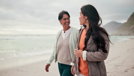 Beach-walk,-love-and-woman-with-senior-mother