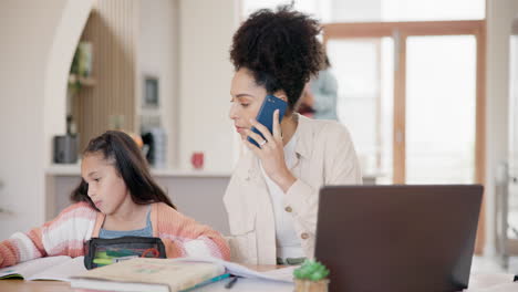 Homework,-phone-call-and-child-with-mother