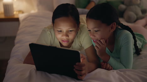 Children,-girls-and-tablet-in-bedroom-at-night