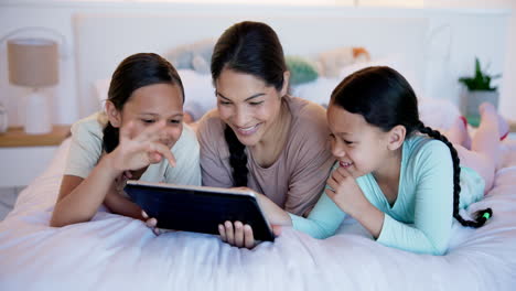 Kids,-mother-and-smile-with-tablet-in-bedroom