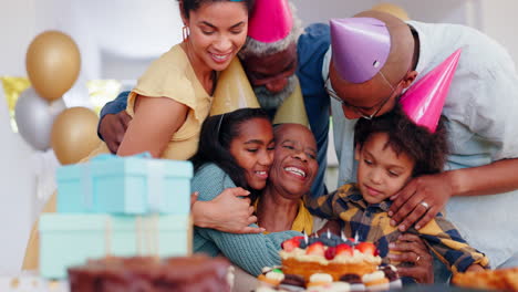 Cake,-elderly-woman-or-hug-for-happy-birthday