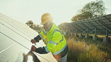 Solar-panel,-maintenance-and-man-with-construction