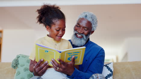 Grandfather,-kid-and-reading-books-with-smile-sofa