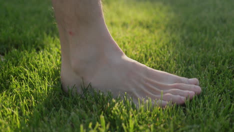 A-man-walks-on-green-grass,-leaves-a-trail.-Blades-of-grass-are-restored