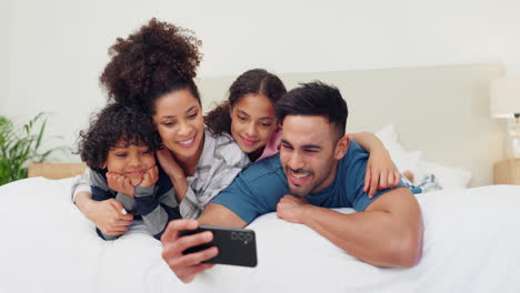 Home,-smile-and-family-selfie-in-bedroom