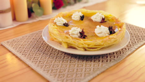 Crepe-cake,-pastry-and-dessert-on-table-with-cream