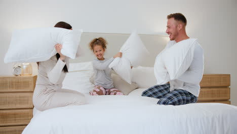 Bedroom,-pillow-fight-and-child-with-parents