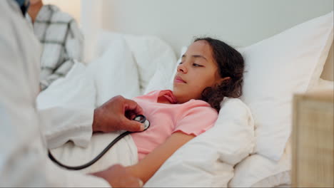 Stethoscope,-exam-and-sick-child-in-a-bed