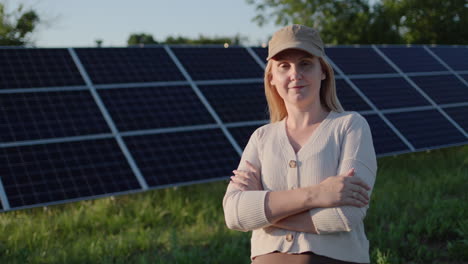 Portrait-of-a-woman-against-the-background-of-solar-power-plant-panels