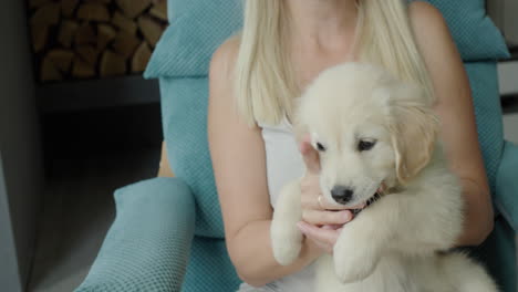 A-woman-is-playing-with-a-cute-golden-retriever-puppy,-the-puppy-is-biting-her-fingers