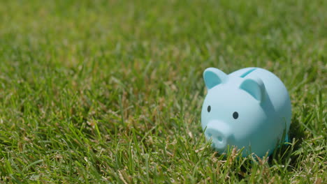 A-man-puts-coins-in-a-piggy-bank-that-stands-on-a-green-lawn