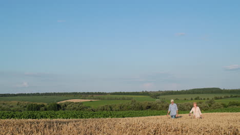 A-couple-of-farmers-walk-through-the-picturesque-countryside-along-a-wheat-field.