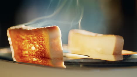 Two-buttered-croutons-pop-out-of-the-toaster,-steam-emanating-from-the-hot-bread.-The-sun-from-the-window-illuminates-the-food-beautifully