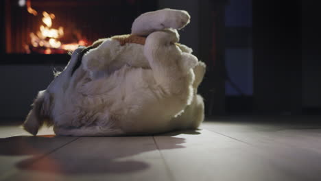 Cool-golden-retriever-plays-with-a-plush-puppy,-lies-on-the-floor-against-the-backdrop-of-a-burning-fireplace